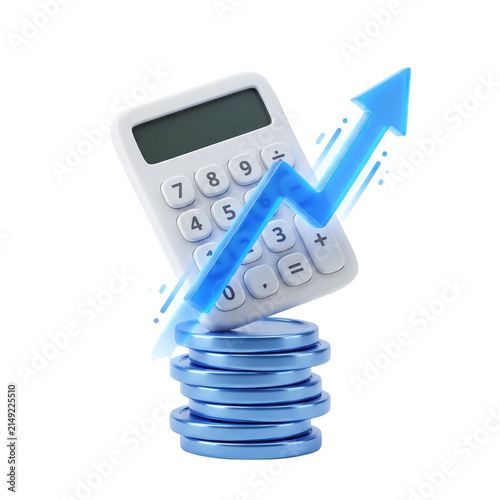 Calculator on stack of blue coins with rising arrow
