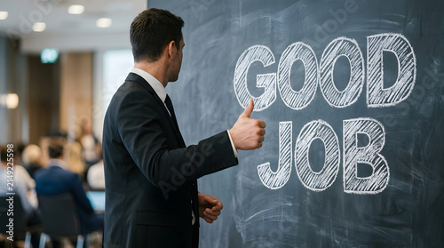 Professional giving thumbs up next to chalkboard message good job in conference room with professional individual formal beside chalkboard with formal suit pointing