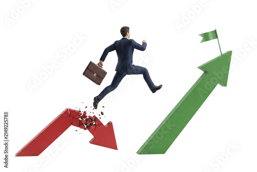 Fotografie Businessman jumping from broken red to growing green arrow