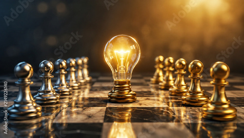 Glowing light bulb on chessboard between chess pawns representing business strategy and idea innovation.