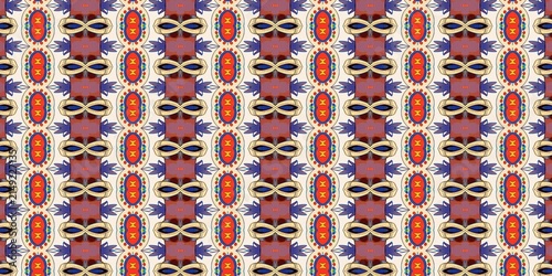 Cuadro en lienzo Bold and colorful geometric repeating pattern featuring intricate symmetrical vertical designs in rich red, blue, and gold tones