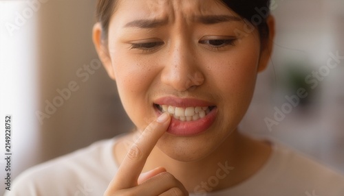 Close-up young woman touching lip with pain due to mouth ulcer.