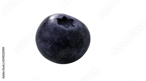 Single ripe blueberry with dark blue skin and star-shaped calyx