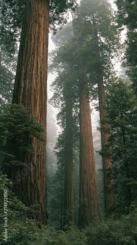 Majestic redwood trees towering in a misty, ancient forest landscape