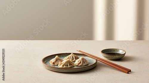 Four delicious dumplings served with soy sauce and chopsticks on a plate