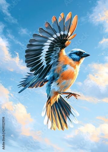 Vibrant bird with outstretched wings soaring through a bright blue sky with clouds