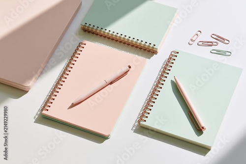 Pastel notebooks and pens arranged neatly on a white desk