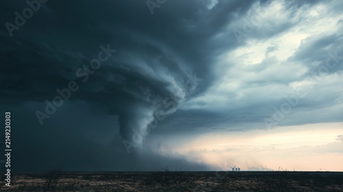 Massive supercell thunderstorm with a visible funnel cloud over a desolate landscape