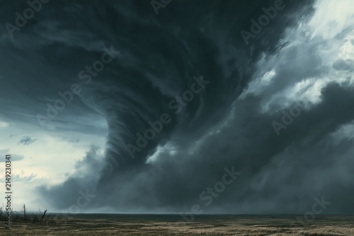 Massive tornado swirling in dark storm clouds over a desolate landscape