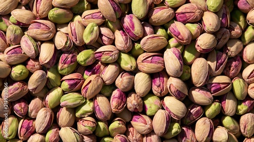 Close-up view of a large pile of shelled and unshelled pistachios with vibrant colors