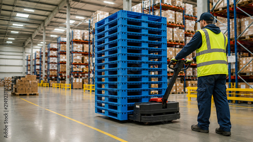 Worker operating pallet jack in large modern warehouse facility