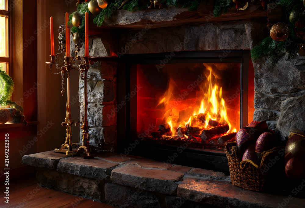 Fototapeta premium Cozy stone fireplace with burning logs and Festive christmas decorations, warm home interior