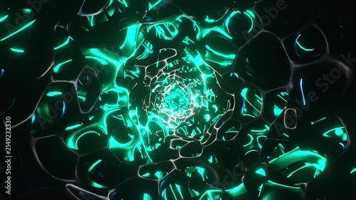 Abstract Organic Mesh Tunnel Loop Changing Colors from Green to Blue Purple and Yellow. Looped 3D rendering