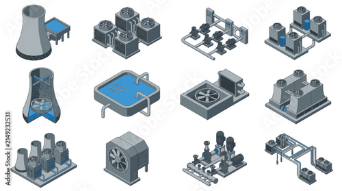 Industrial cooling towers and water treatment systems represent essential infrastructure for modern manufacturing plants and are presented here as a detailed collection of technical isometric.