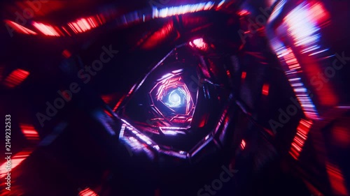 Futuristic geometric metallic tunnel glowing with red and purple lights in a seamless loop. Looped 3D rendering