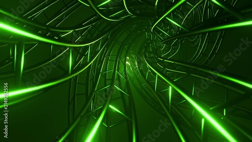 Futuristic Green Neon Light Lattice Spiral Tunnel Abstract VJ Loop Animation. Looped 3D rendering