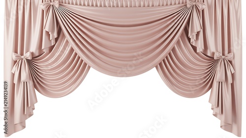 Elegant light pink satin silk drape valance with tied bows on a transparent background