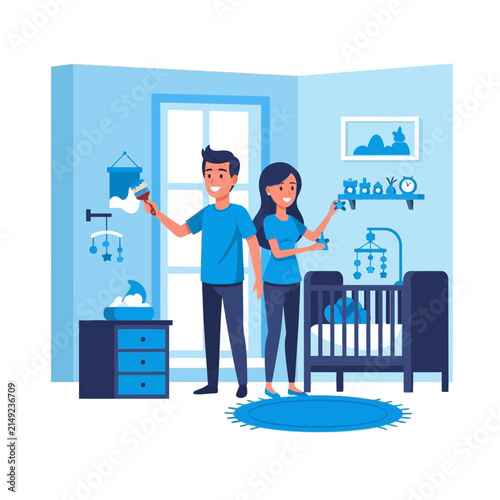 Happy couple standing in a modern nursery room.