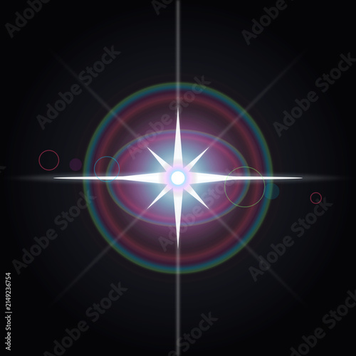 Bright star lens flare effect. Glowing light burst with colorful circular bokeh rings.