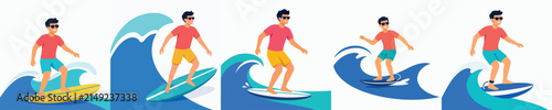 Canvas Print Flat vector illustration of a man surfing in the summer