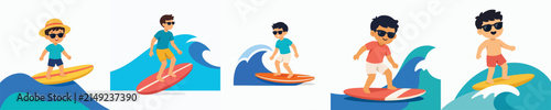 Canvas Print Flat vector illustration of a little boy surfing in the summer