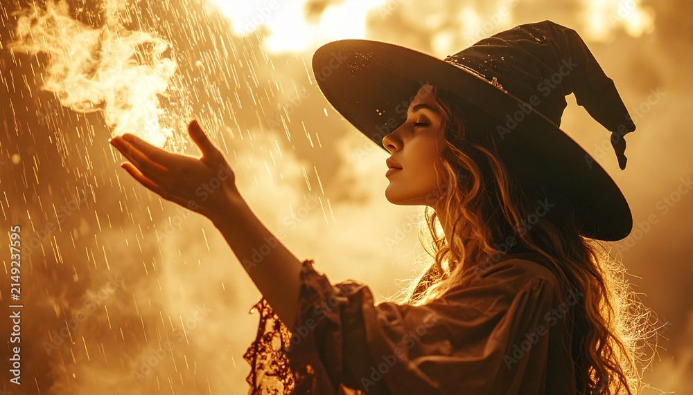 Fototapeta premium Mystical Witch Casting a Spell with Fire in the Rain.