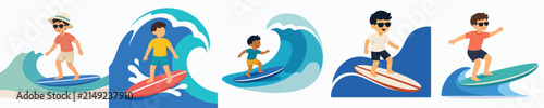 Canvas Print Flat vector illustration of a little boy surfing in the summer