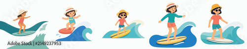Canvas Print Flat vector illustration of a little girl surfing in the summer