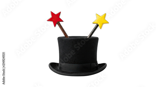 A whimsical illustration of a black top hat with a red and yellow star wand emerging isolated on transparent background