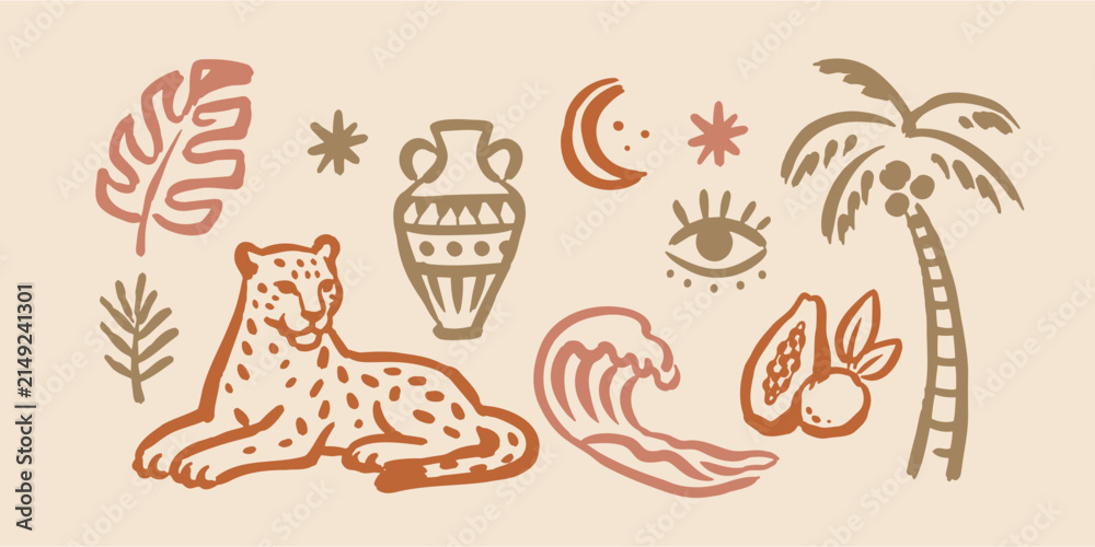 Fototapeta premium Tropical Leopard and Palm Naive Art Vector Set