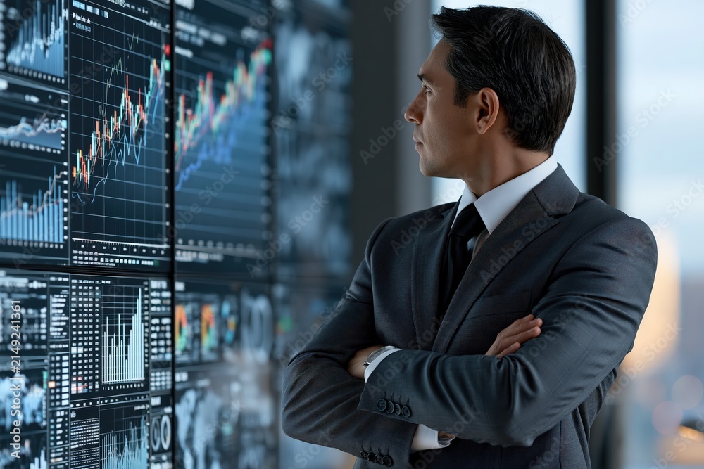 Fototapeta premium Financial trader watching stock market data charts on big digital screens