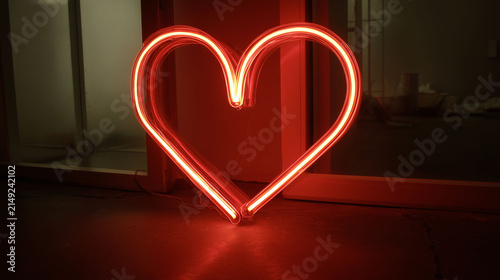Vibrant Red Neon Heart Light Structure on Floor in Warehouse