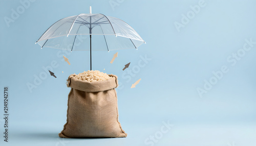 Burlap Sack Under Umbrella with Market Arrows: Commodity Risk Concept