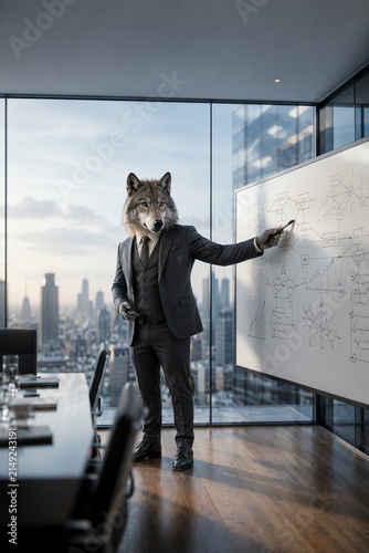 Businessman with Wolf Head Presenting in Modern Office Boardroom