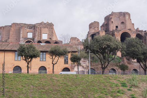 Palatine Hill ruins seen from Circus Maximus arena in Rome Italy, historic Roman architecture and travel landmark