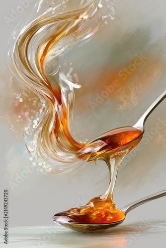 Close-up of amber honey flowing from a spoon into a long delicate strand. Natural sweeteners, beekeeping products, dessert preparation.
