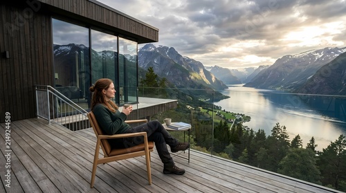 Woman relaxing on a balcony overlooking a mountain lake