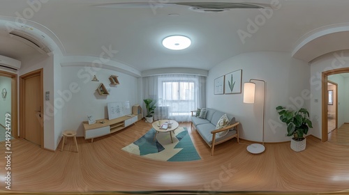 Modern living room interior with furniture and decorative elements panorama view