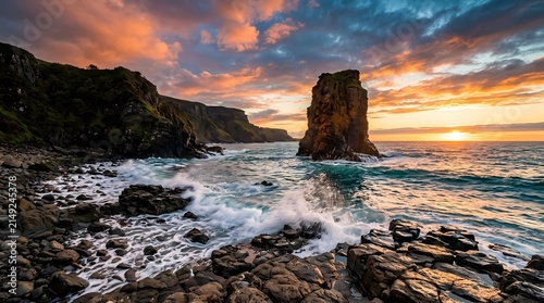 Sunset over rocky coastline with ocean waves