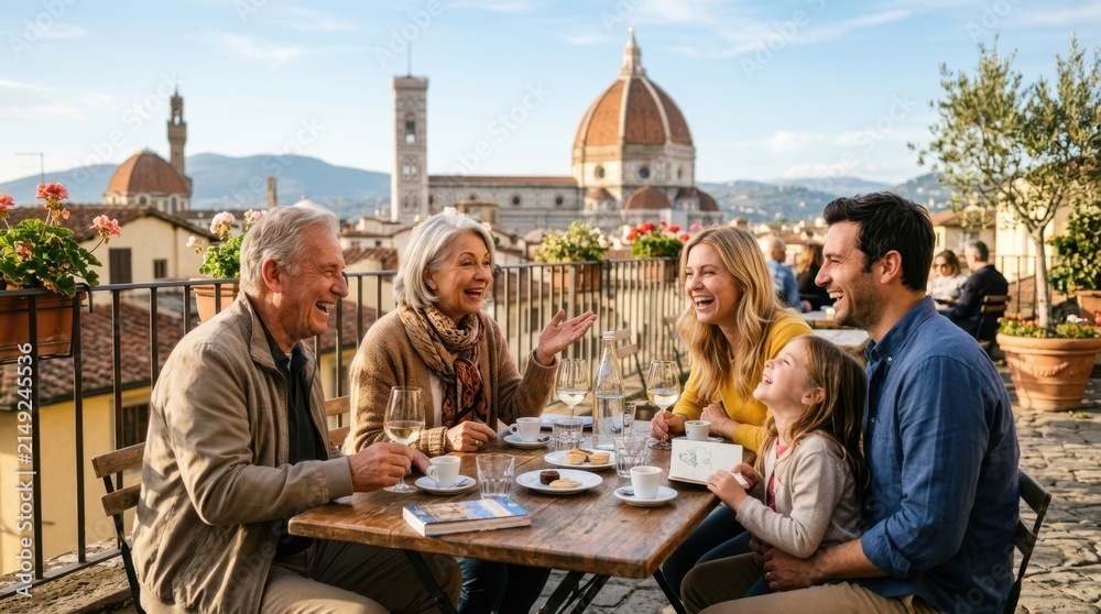 Fototapeta premium Multi-generational family enjoying coffee and conversation on a terrace with Florence skyline