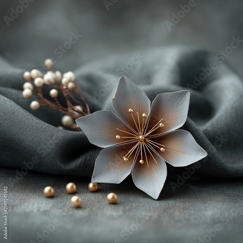 Metallic Origami Flower on Velvet Fabric, Soft Lighting, Close-Up