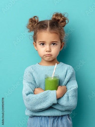 Disgusted Girl Holding Green Smoothie in Studio