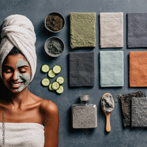 Woman with facial mask and spa products arranged neatly.