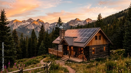 Rustic mountain cabin with solar panels at sunset