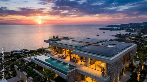 Luxury villa with solar panels overlooking the ocean