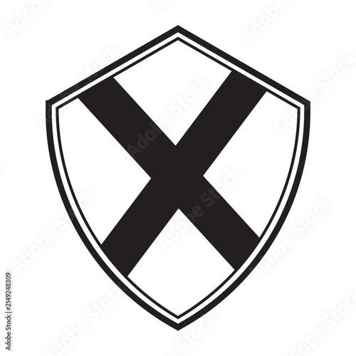 Black and White Shield Icon with Large Cross Symbol Representing Security Protection or Denial