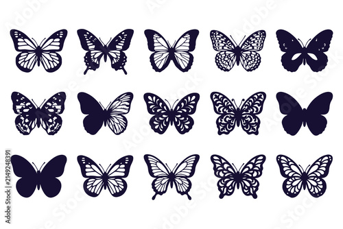 Collection of beautiful butterfly silhouettes in various decorative shapes and intricate patterns