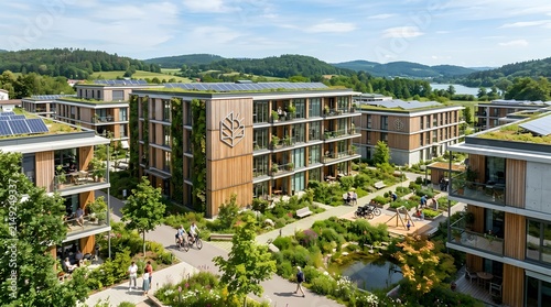 Modern residential apartment complex with green landscaping