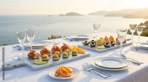Delicious appetizers on serving boards with wine glasses set for a romantic dinner by the sea. oceanfront catering arrangement
