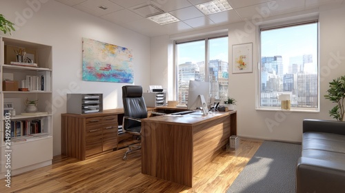 Modern office interior with desk chair and cityscape view through windows